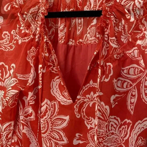 Evereve orange and white floral print long sleeve tie front top, size x small - Picture 7 of 12